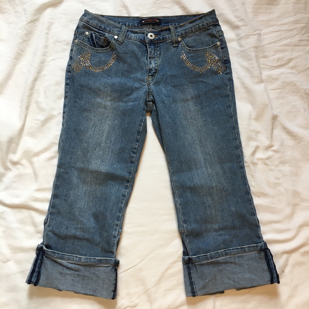 Y2K Vanilla Star Denim Rhinestone Capris, 11